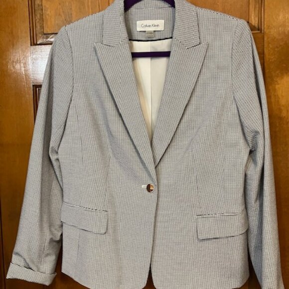 Calvin Klein Women’s Navy and White Check Collared Jacket size 12P - Picture 1 of 4